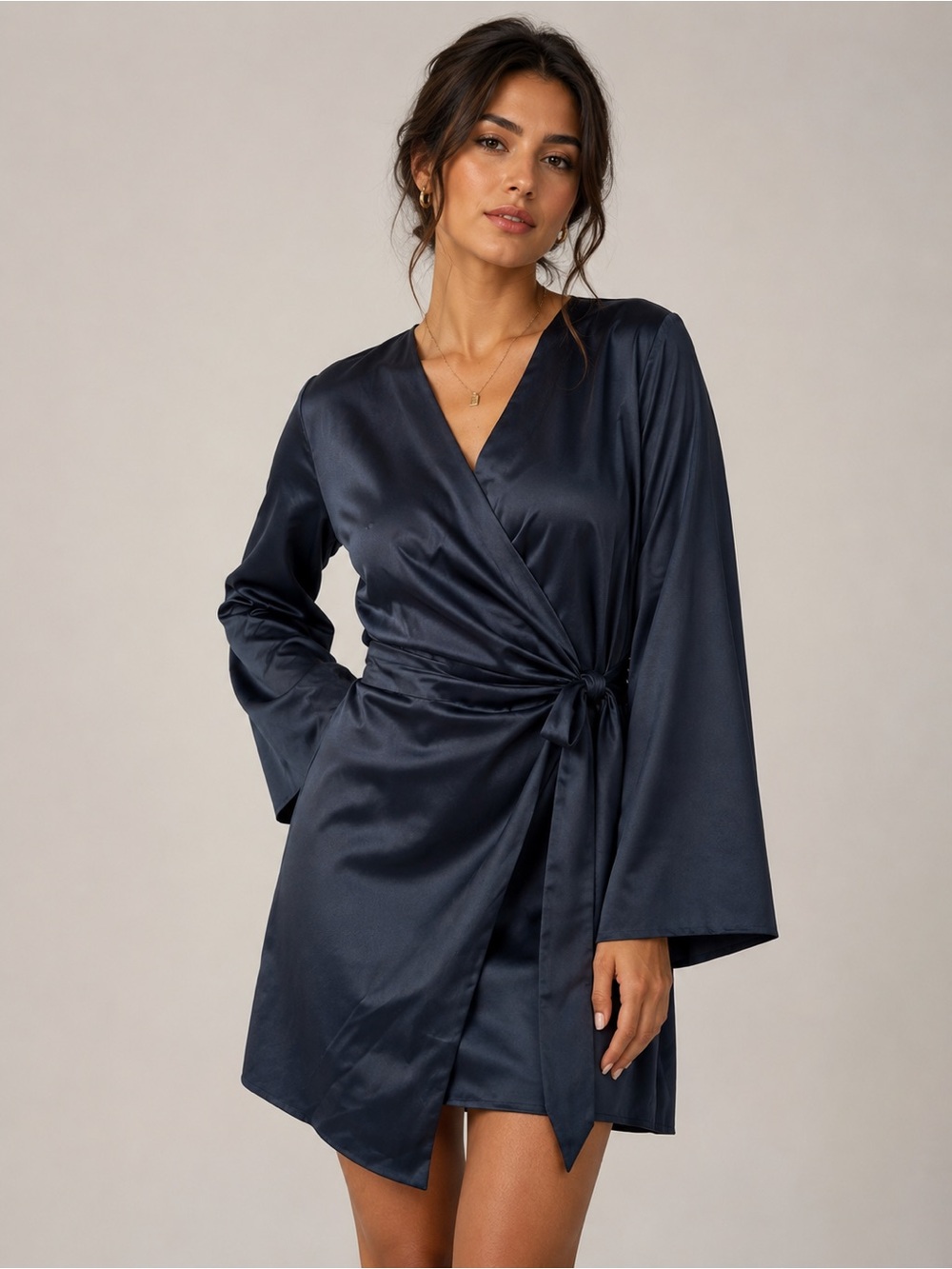 Satin Wrap Dress with Tie Waist - Black